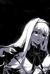  1girl akemi_homura akemi_homura_(magical_girl) black_background black_collar black_hair closed_mouth collar commentary_request dress dress_ribbon grey_eyes greyscale hairband hand_in_own_hair high_collar highres limited_palette long_sleeves magical_girl mahou_shoujo_madoka_magica mitsuya57 monochrome simple_background solo upper_body white_dress white_hair 