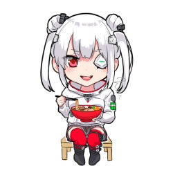  1girl :d black_boots blunt_bangs boots bowl brown_skirt chibi chibi_only chopsticks commentary_request double_bun dual_wielding eyepatch food full_body hair_bun hand_up heaven_burns_red holding holding_bowl holding_chopsticks long_sleeves looking_at_viewer medium_hair miniskirt noir_(nowaru) noodles one_eye_closed open_mouth pleated_skirt ramen red_eyes red_thighhighs signature sitting skirt smile solo sweater teeth thick_eyebrows thigh-highs twintails upper_teeth_only v-shaped_eyebrows white_hair white_sweater yamawaki_bon_ivar zettai_ryouiki 