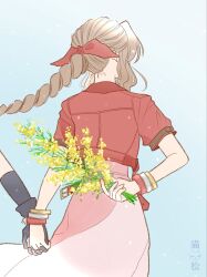  1boy 1girl aerith_gainsborough arm_behind_back bangle blue_background bouquet bracelet braid braided_ponytail brown_hair cloud_strife commentary_request cowboy_shot cropped_jacket dress facing_away final_fantasy final_fantasy_vii final_fantasy_vii_remake flower from_behind hair_ribbon highres holding holding_bouquet holding_hands interlocked_fingers jacket jewelry long_dress long_hair nekomatsu parted_bangs pink_dress red_jacket red_ribbon ribbon short_sleeves sidelocks single_braid spring_(season) yellow_flower 