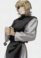  1boy badeni black_tabard blonde_hair blue_eyes chi.:_chikyuu_no_undou_ni_tsuite closed_mouth eyepatch grey_background holding holding_jewelry holding_necklace jewelry kadeart male_focus medium_hair necklace scar scar_on_face scar_on_lip scar_on_mouth scar_on_nose simple_background solo tabard tonsure 
