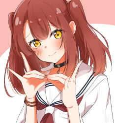  1girl bead_bracelet beads black_choker blush bracelet brown_hair choker closed_mouth commentary double_fox_shadow_puppet fox_shadow_puppet hands_up highres jewelry looking_at_viewer neckerchief nuooooodoomo red_hair red_neckerchief sailor_collar school_uniform serafuku shirt short_sleeves smile solo twintails two-tone_background two_side_up upper_body watashi_wo_tabetai_hitodenashi white_background white_sailor_collar white_shirt yashiro_miko yellow_eyes 