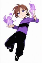  1boy ai-assisted bandit_(kuku88) black_pants black_shoes brown_hair child colokhan commentary energy english_commentary flying full_body highres light_frown long_sleeves male_focus original pants ponytail powerpuff_girls purple_shirt shirt shoes short_ponytail solo violet_eyes white_background white_shoes 