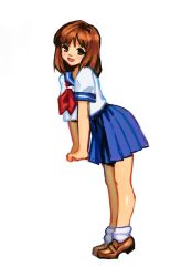  1girl blue_sailor_collar blue_skirt brown_eyes brown_hair brown_shoes english_commentary full_body highres janken_game_acchi_muite_hoi! looking_at_viewer loose_socks meltted neckerchief open_mouth pleated_skirt red_neckerchief sailor_collar school_uniform serafuku shoes short_hair simple_background skirt smile socks solo tomomi_(janken_game_acchi_muite_hoi!) white_background white_serafuku white_socks 