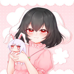  2girls :3 animal_ears artist_request black_hair blush carrot_necklace chibi closed_mouth commentary_request dotted_background dress frilled_sleeves frills hands_up heart highres holding_chibi inaba_tewi jewelry lace_background long_hair looking_at_viewer multiple_girls necklace outline pink_background pink_dress puffy_short_sleeves puffy_sleeves purple_hair rabbit_ears red_eyes reisen_udongein_inaba short_hair short_sleeves touhou upper_body white_outline 