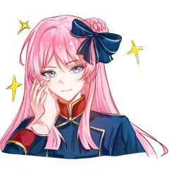  2girls bang_dream! bang_dream!_it's_mygo!!!!! blue_bow blue_jacket bow chihaya_anon chinese_commentary closed_mouth commentary_request earrings grey_eyes hair_bow hair_bun highres jacket jewelry long_hair looking_at_viewer multiple_girls nagasaki_soyo pink_hair simple_background single_side_bun sokat solo_focus sparkle upper_body white_background yuri 