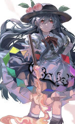  1girl absurdres black_boots black_hat blue_hair blue_skirt boots bow bowtie bruce_1354 center_frills closed_mouth collared_shirt commentary_request cowboy_shot frilled_skirt frills hand_on_own_hip hat highres hinanawi_tenshi lace-up_boots long_hair looking_at_viewer outstretched_arm peach_hat_ornament puffy_short_sleeves puffy_sleeves red_bow red_bowtie red_eyes shirt short_sleeves skirt socks solo standing sword_of_hisou touhou white_background white_shirt white_socks 