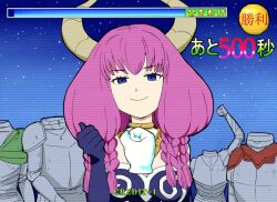  1girl 4others armor aura_(sousou_no_frieren) black_gloves braid chromatic_aberration commentary_request demon_girl demon_horns full_armor gameplay_mechanics gloves headless horns janken_game_acchi_muite_hoi! jewelry looking_at_viewer multiple_braids multiple_others night parody purple_hair quad_braids rock_paper_scissors sky smile sousou_no_frieren torako_(toramaru) 