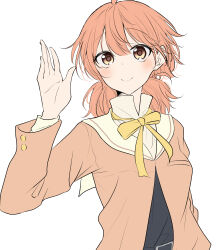  1girl brown_eyes brown_shirt closed_mouth commentary hair_between_eyes highres koito_yuu long_sleeves looking_at_viewer low_twintails medium_hair nuooooodoomo orange_hair shirt simple_background solo twintails waving white_background yagate_kimi_ni_naru 
