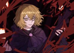  1boy ascot black_ascot black_cape black_gloves black_shirt blonde_hair brooch cape e.g.o_(project_moon) eyelashes fingerless_gloves gem gloves grin hair_between_eyes hands_up harmony_(e.g.o) highres holding holding_instrument instrument jewelry limbus_company male_focus musical_note-shaped_pupils mysopheia pink_gem portrait project_moon red_background sharp_teeth shirt sinclair_(project_moon) smile solo symbol-shaped_pupils teeth tsurime yellow_eyes 