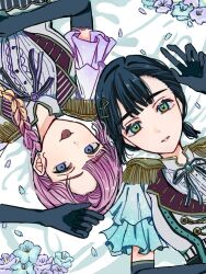  2girls :p anyoji_hime black_hair blonde_hair braid center_frills commentary_request epaulettes frilled_sleeves frills gradient_hair ichigo_milk_love jacket link!_like!_love_live! looking_at_viewer love_live! low_side_ponytail momose_ginko multicolored_hair multiple_girls neck_ribbon neko_raa_men parted_lips pink_hair prince ribbon rotational_symmetry shirt short_side_ponytail short_sleeves single_braid tongue tongue_out upper_body virtual_youtuber white_jacket white_shirt 