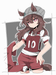 1girl animal_ears beanie beer_hsk brown_hair closed_mouth commentary_request ears_through_headwear grey_background grey_hat hair_between_eyes hat head_tilt horse_ears horse_girl horse_tail jacket long_hair looking_at_viewer nakayama_festa_(umamusume) original_race_uniform_(umamusume) puffy_short_sleeves puffy_shorts puffy_sleeves race_bib red_jacket red_shorts shirt short_sleeves shorts solo striped_clothes striped_headwear tail track_jacket umamusume unworn_jacket v-shaped_eyebrows vertical-striped_clothes vertical-striped_headwear violet_eyes white_shirt 