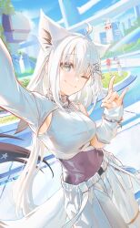  4girls absurdres ahoge animal_ears arm_up blue_eyes closed_mouth commentary day english_commentary fox_ears fox_girl fox_shadow_puppet fox_tail hair_ornament hakos_baelz highres hololive hololive_english hololive_super_expo_2026_outfit hoshimachi_suisei hyde_(tabakko) jewelry long_hair looking_at_viewer mouse_ears mouse_girl multiple_girls necklace official_alternate_costume one_eye_closed outdoors sakura_miko selfie shirakami_fubuki smile solo_focus symbol_in_eye tail taking_picture virtual_youtuber white_hair 