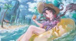  1girl :d ahoge alternate_costume beach blue_shorts blue_sky city clouds cloudy_sky commentary cowboy_shot cup day drink english_commentary floating_hair flower flower_request glass headband highres holding holding_cup innertube ocean outdoors palm_tree purple_hair purple_shirt red_eyes red_flower shirt short_shorts short_sleeves shorts sky smile solo stegart swim_ring sword_art_online tree waves wet white_headband yuuki_(sao) 