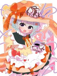  1girl alternate_costume alternate_headwear apron blush bow bowtie butter collared_shirt commentary_request cream eyeball food food-themed_clothes food-themed_hat fork frilled_shirt_collar frills fruit green_eyes green_hair hat hat_bow highres holding holding_fork knife komeiji_koishi long_sleeves looking_at_viewer open_mouth orange_bow orange_bowtie pancake shirt signature smile soesoe300 solo strawberry syrup third_eye touhou waist_apron white_apron wide_sleeves yellow_shirt 