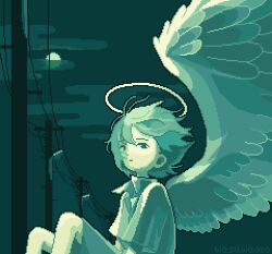  1other angel angel_wings artist_name closed_mouth collared_shirt commentary_request expressionless feathered_wings full_moon halo highres monochrome moon night original pixel_art power_lines shirt shorts sitting sky solo traditional_halo wasawa030 wings 