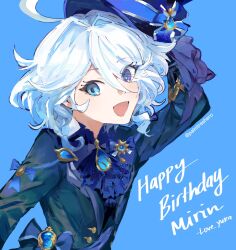  1girl ahoge ascot blue_ascot blue_background blue_eyes blue_hair blue_hat character_name commentary dated english_commentary eyelash_ornament eyes_visible_through_hair furina_(genshin_impact) genshin_impact hair_between_eyes happy_birthday hat highres looking_at_viewer open_mouth palmtreehero short_hair simple_background solo top_hat twitter_username upper_body white_hair 