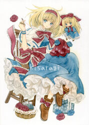  1girl absurdres alice_margatroid blonde_hair blue_dress blue_eyes boots brown_boots chair commentary dress frilled_hairband frilled_ribbon frills hairband highres jewelry kisarush looking_at_viewer painting_(medium) red_ribbon ribbon ring scissors shanghai_doll short_hair simple_background solo touhou traditional_media watercolor_(medium) white_background 
