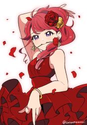  1girl aikatsu! aikatsu!_(series) arm_behind_head bare_shoulders bracelet breasts closed_mouth commentary_request cowboy_shot dress flower flower_in_mouth hair_flower hair_ornament highres jewelry kumo_suzume kurebayashi_juri long_hair looking_at_viewer petals ponytail red_dress red_hair rose_petals sleeveless sleeveless_dress smile solo standing violet_eyes white_background 