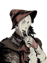  1girl ascot blonde_hair bloodborne blue_eyes doll_joints expressionless from_side fune_(nkjrs12) hands_on_own_chest hashtag-only_commentary hat highres joints own_hands_together plain_doll red_ascot red_hat signature simple_background solo white_background 
