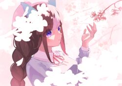  1girl absurdres animal_ears aqua_sweater beret blue_sweater blush braid breasts brown_hair casual cherry_blossoms closed_mouth commentary_request ear_covers hat highres hokko_tarumae_(casual)_(umamusume) hokko_tarumae_(umamusume) horse_ears horse_girl long_braid long_hair multicolored_hair ribbon smile solo striped_hair sweater tsukuda155 twin_braids umamusume violet_eyes white_hat 