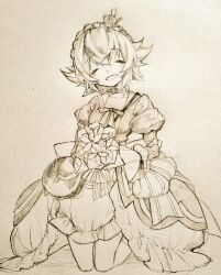  1girl bag bouquet braid bubble_skirt closed_eyes collarbone crown dress facing_viewer full_body grimms_notes hair_between_eyes holding holding_bouquet juliet_sleeves kneeling long_sleeves mini_crown monochrome puffy_sleeves ribbon shino_(5no) short_hair skirt smile snow_white_(grimms_notes) snow_white_(princess)_(grimms_notes) solo spiky_hair traditional_media 