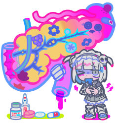  1girl bandages bandaid bob_cut commentary dripping fangs frilled_hairband frills grey_eyes grey_hairband grey_sailor_collar grey_shirt grey_skirt hair_ornament hairband hairclip highres jitome loose_socks maid_headdress one_eye_closed original pain pancreas pill pleated_skirt raised_eyebrows sailor_collar school_uniform serafuku shirt short_hair simple_background skirt skull_hair_ornament slit_pupils socks standing strap terada_tera two_side_up vial vomit vomiting white_background white_hair 