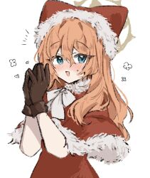  1girl alternate_costume animal_ear_headwear animal_ears blue_archive blue_eyes blush brown_gloves capelet cat_ears cat_girl dress fur-trimmed_capelet fur-trimmed_headwear fur_trim gloves hair_between_eyes halo hat highres long_hair looking_at_viewer mamiya076 mari_(blue_archive) open_mouth orange_hair own_hands_together red_capelet red_dress santa_costume santa_hat simple_background smile solo upper_body white_background yellow_halo 