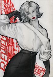  1girl absurdres collarbone gloves grace_ashcroft head_tilt high-waist_skirt highres looking_at_viewer monochrome nullum777 off-shoulder_shirt off_shoulder official_alternate_costume parted_lips resident_evil resident_evil_requiem shirt short_hair single_bare_shoulder skirt solo spot_color upper_body 