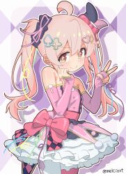  1girl abstract_background absurdres ahoge alternate_costume belt black_hat black_ribbon black_scrunchie blue_ribbon bow brown_eyes checkered_ribbon closed_mouth club_hair_ornament commentary_request cowboy_shot crossed_bangs curled_fingers diamond_hair_ornament double-parted_bangs dress drop_shadow elbow_gloves fingerless_gloves frilled_skirt frills gloves gold_trim green_ribbon hair_between_eyes hair_bow hair_ornament hair_ribbon hand_on_own_chin hat heart heart_hair_ornament highres jester_cap layered_skirt leggings long_hair looking_at_viewer melciort mini_hat onii-chan_wa_oshimai! outline oyama_mahiro pink_dress pink_gloves pink_hat pink_ribbon pom_pom_(clothes) purple_background red_belt red_bow ribbon scrunchie skirt sleeveless sleeveless_dress smile solo spade_hair_ornament thigh_strap twintails twitter_username two-tone_hat v v-shaped_eyebrows white_background white_leggings white_outline white_skirt yellow_ribbon 