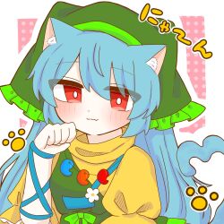  1girl :3 ^_^ animal_ears anzu_cha709 apron arm_ribbon blue_hair blue_ribbon blush_stickers bow cat_day cat_ears cat_tail closed_eyes closed_mouth commentary dress dress_bow english_text fang flower_ornament green_apron green_bow green_headscarf haniyasushin_keiki headscarf highres kemonomimi_mode long_hair looking_at_viewer paw_pose paw_print red_eyes ribbon single_strap solo tail touhou translation_request yellow_dress 