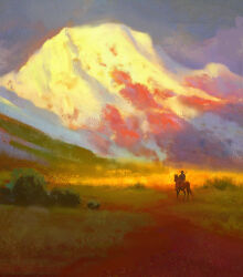  1boy absurdres animal bush commentary cowboy cowboy_hat cowboy_western english_commentary field from_behind grey_sky hat highres horse horseback_riding landscape mountain original outdoors painterly path raja_nandepu riding scenery sky 