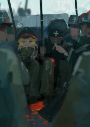  1girl 6+boys :< absurdres baggy_pants belt between_fingers black_belt black_boots black_vest blonde_hair blood blood_on_face blood_on_ground blue_eyes blue_sky blurry blurry_foreground boots car_interior chair cigarette closed_mouth clouds cloudy_sky collared_jacket cross cross_print day empty_eyes facial_hair floor full_body fur-trimmed_jacket fur_trim green_hat green_jacket green_pants gun hair_between_eyes half-closed_eyes hand_up hashtag-only_commentary hat helmet high_collar high_ponytail highres holding holding_cigarette holding_gun holding_weapon jacket koukouya long_hair looking_to_the_side military military_hat military_jacket military_uniform multiple_boys mustache on_chair outdoors pants peaked_cap ponytail rifle sidelocks sitting sky smoking sniper_rifle tanya_degurechaff upper_body vest weapon youjo_senki 
