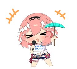  >_< +++ 1girl barefoot belt bikini bikini_bottom_under_shorts bikini_under_clothes black_hairband black_shorts blush bow chibi chibi_only closed_eyes clothes_writing commentary_request double-parted_bangs hair_between_eyes hairband head_wings holding holding_microphone holding_pickaxe hololive hololive_summer_2023_swimsuit microphone minecraft_pickaxe no_feet official_alternate_costume open_mouth pickaxe pink_hair pink_wings shirt shorts simple_background solo swimsuit t-shirt takane_lui thigh_strap tied_shirt twumi virtual_youtuber waist_bow white_background white_belt white_shirt wings 