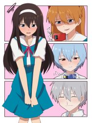  2boys ayanami_rei blush crossdressing highres ikari_shinji multiple_boys nagisa_kaworu neon_genesis_evangelion souryuu_asuka_langley ume_beni_gin 