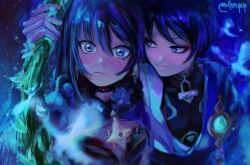  1boy 1girl aimquqi anemo_symbol_(genshin_impact) aqua_pupils asymmetrical_sidelocks belt black_belt black_bodysuit black_hair black_leotard blue_cape blue_capelet blue_eyes blue_hair blue_kimono blunt_ends blurry blush bodysuit brooch cape capelet choppy_bangs closed_mouth depth_of_field eyelashes eyeliner fur-trimmed_capelet fur_trim genshin_impact gold hair_between_eyes hand_up hashtag-only_commentary hetero highres japanese_clothes jewelry juban kimono leotard long_hair looking_at_another looking_at_viewer makeup mona_(genshin_impact) multicolored_hair open_clothes open_kimono outdoors plant pom_pom_(clothes) red_eyeliner scaramouche_(genshin_impact) side-by-side side_cape sidelocks star_brooch streaked_hair tsurime twitter_username vines violet_eyes vision_(genshin_impact) wanderer_(genshin_impact) white_kimono wide-eyed 