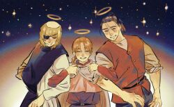  1girl 2boys badeni black_hair black_tabard blonde_hair braid capelet chi.:_chikyuu_no_undou_ni_tsuite cloak closed_mouth commentary_request dej2ci eyepatch grin hair_bun halo hand_in_pocket highres holding_another's_arm jolenta light_smile locked_arms medium_hair missing_tooth multiple_boys navel_hair oczy parted_bangs pink_capelet red_eyes robe scar scar_on_face scar_on_mouth scar_on_nose shirt single_braid sleeves_rolled_up smile star_(sky) starry_sky_background tabard teeth tonsure traditional_halo updo upper_body white_cloak white_robe white_shirt 