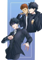  2boys ahoge angry arm_around_shoulder battle_damage black_hair blood blood_on_face briefcase closed_eyes fighting_stance floating_clothes floating_hair gakuran grin hair_intakes highres hirekatsu-kan holding holding_knife inui_arihiko jacket knife looking_at_viewer male_focus multiple_boys nanatsu-yoru open_clothes open_jacket reverse_grip school_briefcase school_uniform shirt short_hair smile souya_high_school_uniform sweat tohno_shiki torn_clothes tsukihime tsukihime_(remake) white_shirt 