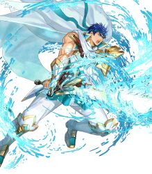  1boy armor attack blue_eyes blue_hair blue_headband cape closed_mouth feathers fingerless_gloves fire_emblem fire_emblem:_radiant_dawn fire_emblem_heroes frost gloves glowing glowing_sword glowing_weapon greatsword headband highres holding holding_sword holding_weapon ike_(fire_emblem) ike_(vanguard_legend)_(resplendent)_(fire_emblem) kuroba.k looking_at_viewer male_focus muscular muscular_male non-web_source official_alternate_costume open_mouth pants popped_collar ragnell scarf solo sword v-shaped_eyebrows weapon white_cape white_gloves white_pants white_scarf 
