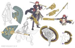  3boys bow chakram cho_kaguya-hime! club_(weapon) concept_art crossdressing crossdressing_(mtf) face_piercing fujimoto_gold fur_shawl highres horns kanabou kimono_dress komazawa_noi komazawa_rai lip_piercing lip_ring mikado_akira_(cho_kaguya-hime!) multiple_boys official_art piercing shawl side_labret_piercing sword trap weapon 