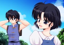  1boy 1girl arms_behind_head black_hair blue_eyes braid chinese_clothes closed_mouth fuurinkan_high_school_uniform outdoors ranma_1/2 saotome_ranma school_uniform short_hair single_braid sky tendou_akane uehara_doh 