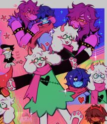  1girl 2boys 2others absurdres androgynous animal_ears black_eyes blue_hair blue_skin blush_stickers closed_eyes closed_mouth colored_sclera colored_skin commentary deltarune dual_persona english_commentary fake_horns fangs freckles grin hairband highres horns kris_(dark_world)_(deltarune) kris_(deltarune) long_hair long_sleeves mihych mouth_pull multiple_boys multiple_others open_mouth parted_lips pink_eyes pink_scarf purple_hair purple_skin ralsei red_eyes red_hairband scarf shaded_face sharp_teeth short_hair single_blush_sticker skin_fangs smile soul_(deltarune) spamton_g._spamton susie_(dark_world)_(deltarune) susie_(deltarune) sweat teeth utdr_(toby_fox) yellow_sclera 