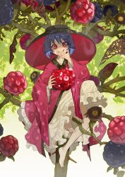  1girl :q absurdres barefoot blue_hair bowl bowl_hat commentary_request eating food food_request fruit hat highres holding holding_food holding_fruit japanese_clothes kimono long_sleeves mini_person minigirl pink_eyes pink_kimono shimiya_jin short_hair solo sukuna_shinmyoumaru toes tongue tongue_out touhou wide_sleeves 