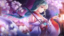 1girl bare_shoulders bell black_hairband black_ribbon blue_butterfly blurry blurry_background bow breasts bug butterfly butterfly_on_hand cherry_blossoms closed_mouth copyright_name copyright_notice depth_of_field eyelashes floating_clothes floating_hair flower from_side glint green_hair hair_intakes hair_ribbon hairband hands_up heaven_burns_red highres holding holding_umbrella japanese_clothes jingle_bell kimono lantern large_breasts long_hair long_sleeves looking_at_animal low-tied_long_hair murofushi_risa murofushi_risa_(tonight_under_the_cherry_blossoms'_brilliance) nontraditional_miko official_alternate_costume official_alternate_hairstyle official_art official_wallpaper oil-paper_umbrella outdoors pink_flower pinky_out red_bow red_sash red_umbrella red_wrist_cuffs ribbon sash sidelocks smile solo spring_(season) swept_bangs tassel umbrella upper_body very_long_hair violet_eyes white_kimono wide_sleeves wrist_cuffs 