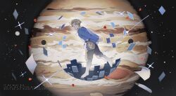  1boy arms_behind_back astrolabe black_pants blonde_hair blue_eyes blue_jacket chi.:_chikyuu_no_undou_ni_tsuite closed_mouth commentary_request floating floating_paper from_side full_body highres jacket jewelry jupiter_(planet) looking_at_viewer male_focus necklace pants paper quill rafal_(chi.) short_hair space toramledak 