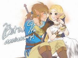  1boy 1girl anniversary black_cloak black_gloves blonde_hair blue_eyes blue_tunic blush boots bracelet breasts brown_boots cloak dress earrings feet_out_of_frame fingerless_gloves food food_on_face gloves gold_bracelet gold_necklace green_eyes hair_between_eyes hair_tie jewelry link long_dress long_hair looking_at_another low_ponytail master_sword medium_breasts necklace pants pointy_ears ponytail princess_zelda short_hair sidelocks single_vambrace sitting smile strapless strapless_dress sword sword_on_back the_legend_of_zelda the_legend_of_zelda:_breath_of_the_wild tunic vambraces weapon weapon_on_back white_dress wildstar69 yellow_pants 