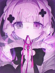  1girl ahoge arms_at_sides black_bow black_bowtie blunt_bangs blush bob_cut bow bowtie center_frills chromatic_aberration closed_mouth commentary expressionless eyes_visible_through_hair film_grain frills from_above frown grey_eyes grey_shirt hair_intakes hair_ornament heterochromia highres indie_virtual_youtuber jelly_fish_65 jitome momone_chinoi mouth_hold no_eyebrows noose number_hair_ornament pale_skin pink_eyes pink_hair pink_ribbon pink_sailor_collar pink_theme purple_background ribbon ribbon_in_mouth sailor_collar shirt short_hair simple_background solo straight-on twitter_username untranslatable_commentary upper_body virtual_youtuber 