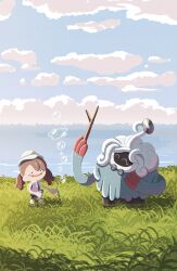  1girl absurdres amazora_owl_02 blue_sky blush blush_stickers broken_eyewear brown_hair bubble bubble_wand closed_eyes clouds commentary_request crack disc ditto female_protagonist_(pokemon_pokopia) glasses grass hat highres holding holding_stick holding_wand ocean open_mouth outdoors pants plant pokemon pokemon_(creature) pokemon_focus pokemon_pokopia professor_tangrowth purple_shirt round_eyewear shirt shoes short_sleeves sky smile soap_bubbles solid_circle_eyes stick tangrowth tm_(pokemon) transformed_ditto twintails vines wand water white_hat yellow_shoes 