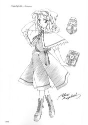  1girl alice_margatroid book boots capelet character_name collared_dress dress full_body greyscale grimoire_of_alice hairband hand_in_own_hair highres holding holding_book lace-up_boots looking_at_viewer monochrome neckerchief non-web_source note official_art page_number perfect_memento_in_strict_sense sash shanghai_doll short_hair short_sleeves simple_background solo touhou tsukuri_monoji walking white_background 