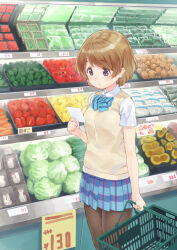  1girl aisle bell_pepper brown_hair cabbage commentary_request eichisu food food_focus groceries grocery_store koizumi_hanayo love_live! mushroom onion otonokizaka_school_uniform pantyhose school_uniform shelf shop shopping shopping_basket short_hair solo supermarket tomato vegetable 