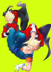  2boys black_tunic blue_pants blue_shirt boots dougi dragon_ball dragon_ball_heroes dragon_ball_z earrings full_body gloves green_background green_eyes highres jewelry male_focus multiple_boys ommmyoh orange_shirt pants potara_earrings red_pants red_shirt shirt simple_background spiky_hair super_saiyan super_saiyan_1 tunic vegetto white_boots white_gloves 